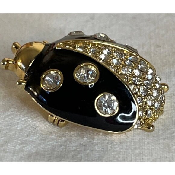 Ann Taylor Ladybug Pin Brooch Gold Tone Black Enamel Clear Rhinestone Vintage - Picture 4 of 8